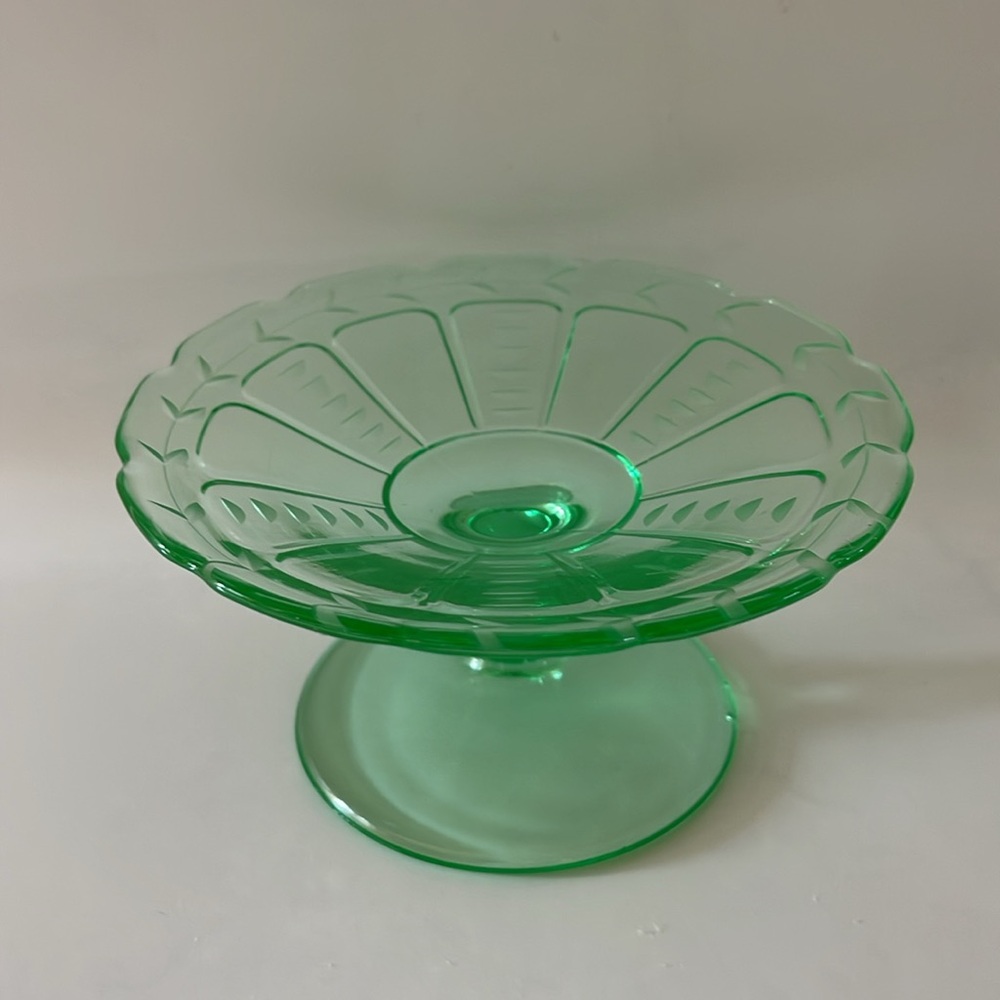 Vintage Green Glass Etched Design Cake or Sweets Stand, 6' in Diameter 3” Height